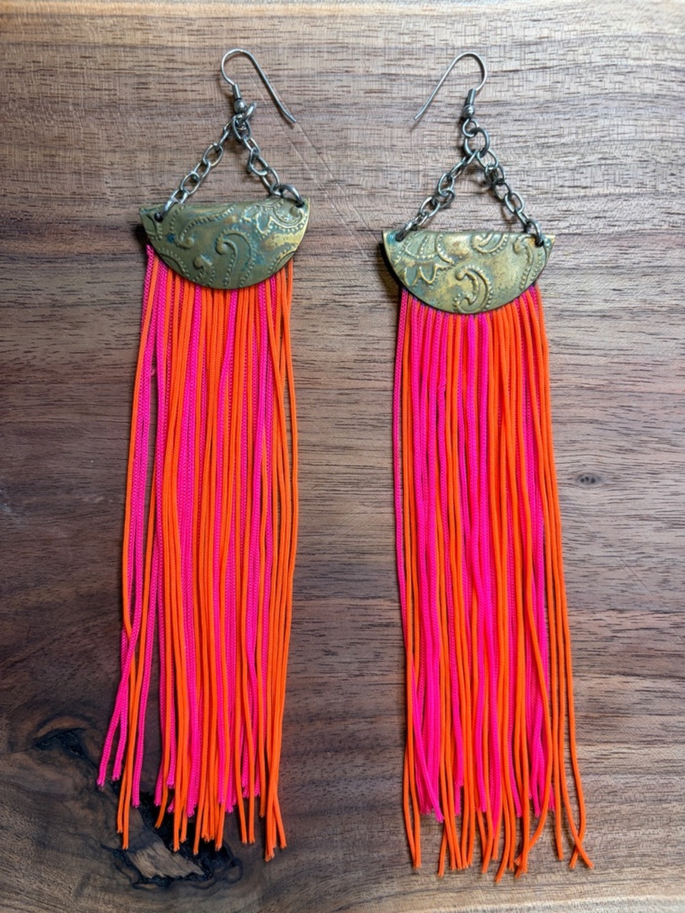 Boho Tassel Drop Earrings in Neon Pink & Orange with Antique Brass Detail
